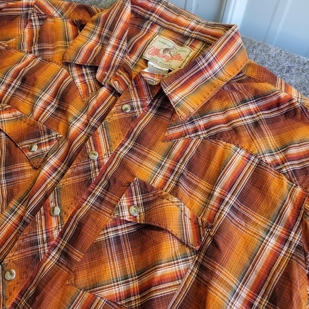 Vintage 90s Wrangler Western Pearl Snap Shirt Men’s XL Orange Plaid Cowboy